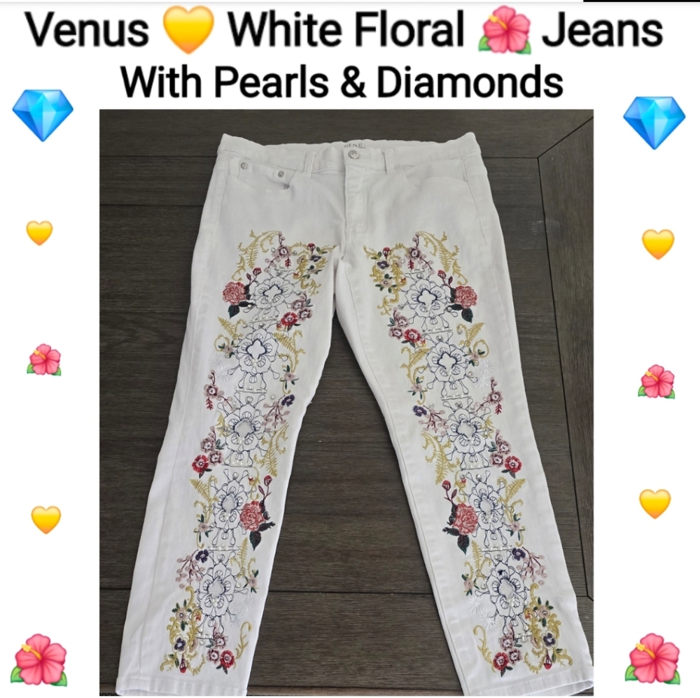Venus White Floral Jeans with Diamonds and Pearls, Size 10